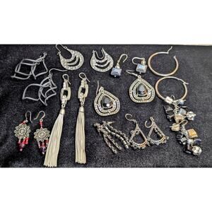 Lot of Ten Pair Silver Tone Black Theme Pierced Earrings